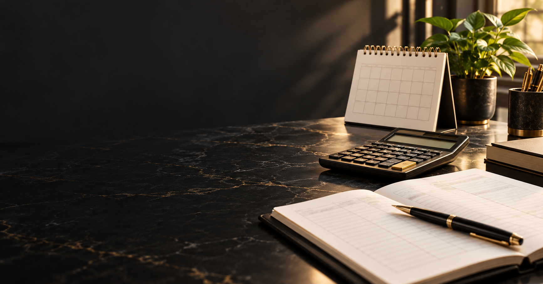 Calendário, calculadora e registros de uma empresa sobre uma mesa